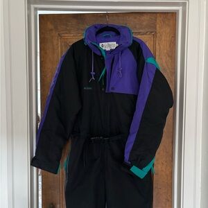 Vintage Columbia Mens One-Piece Ski Suit M Black Teal & Purple 90s Snowboarding